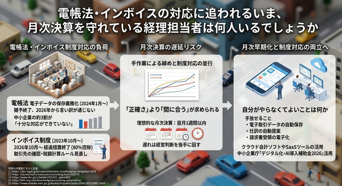 電帳法・インボイスの対応に追われるいま、月次決算を守れている経理担当者は何人いるでしょうか